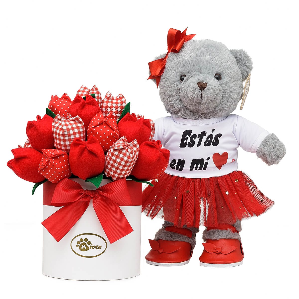MCFotoProducto-42 Oso de peluche gris de regalo con ramo de flores rojas de tela, fotografía de producto, Marcos Castellanos Fotografia